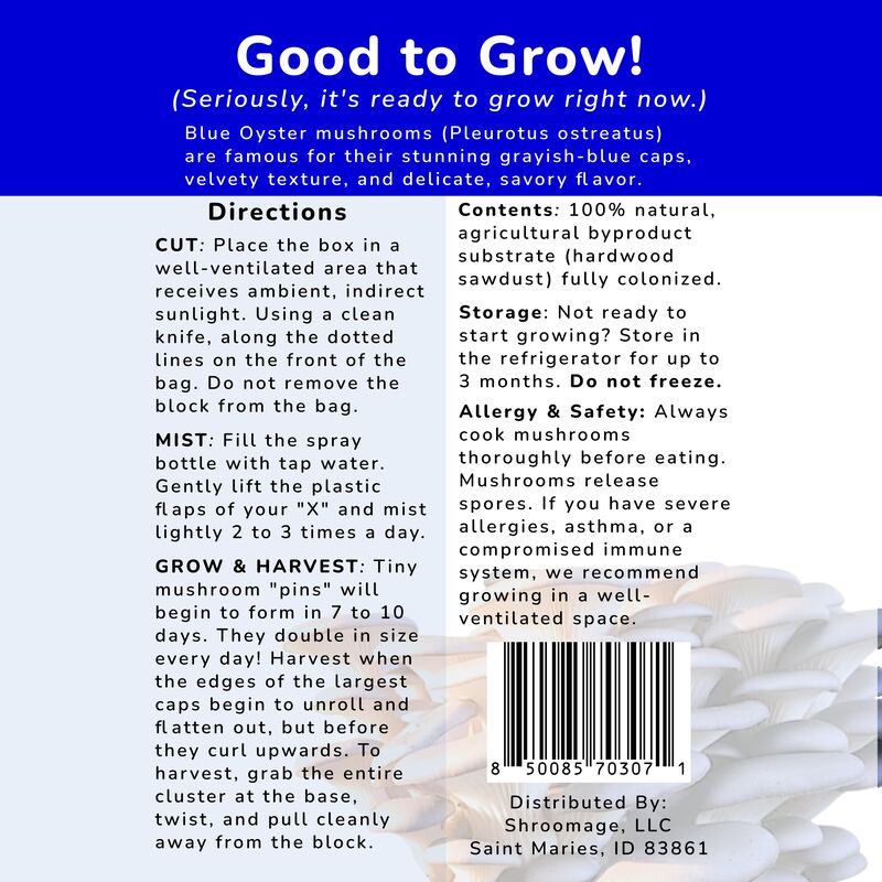 Good-to-Grow Blue Oyster Back Product Label