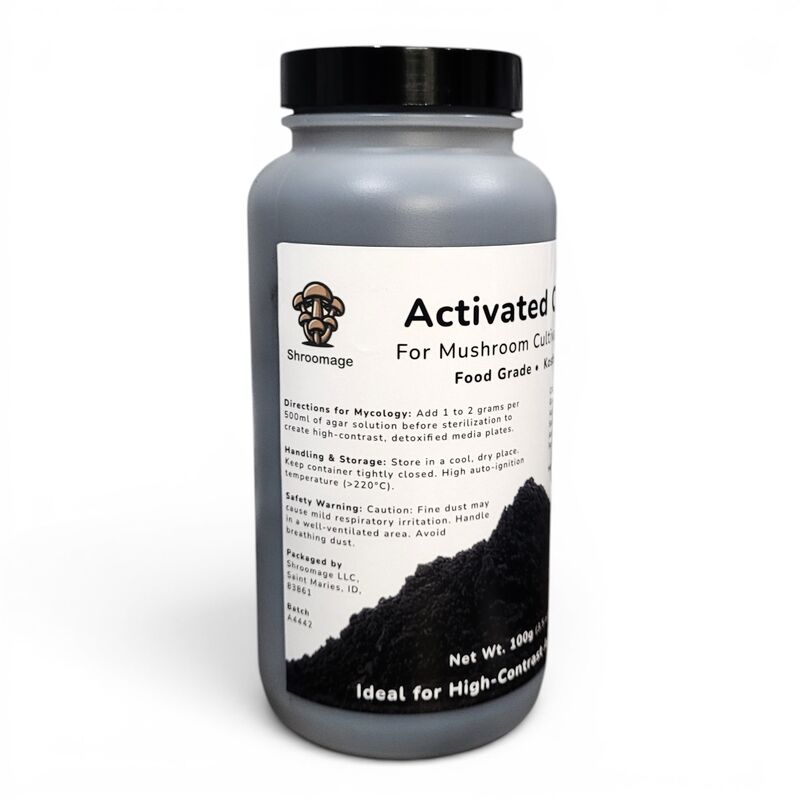 Left side of Shroomage activated charcoal bottle showing food-grade and kosher certifications.