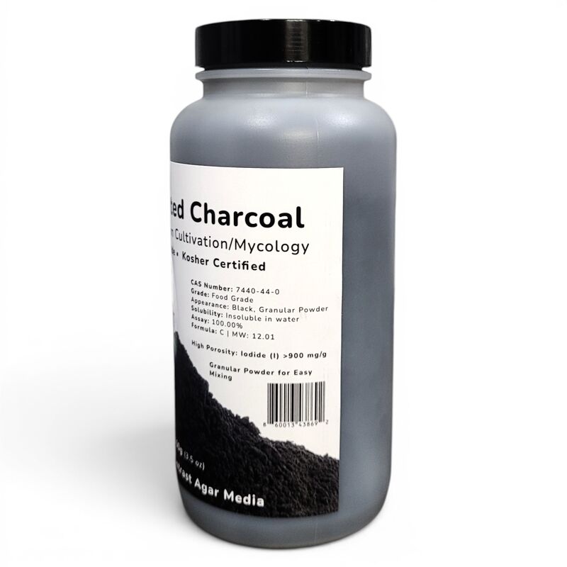 Right side of Shroomage activated charcoal bottle displaying agar mixing instructions.