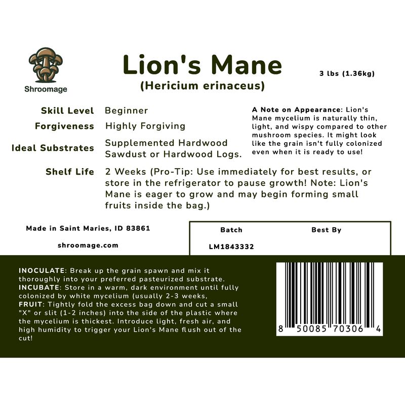 Close-up of the back panel label on a 3lb Lion's Mane grain spawn bag, detailing step-by-step USA indoor growing instructions, optimal temperatures, and substrate mixing ratios. 