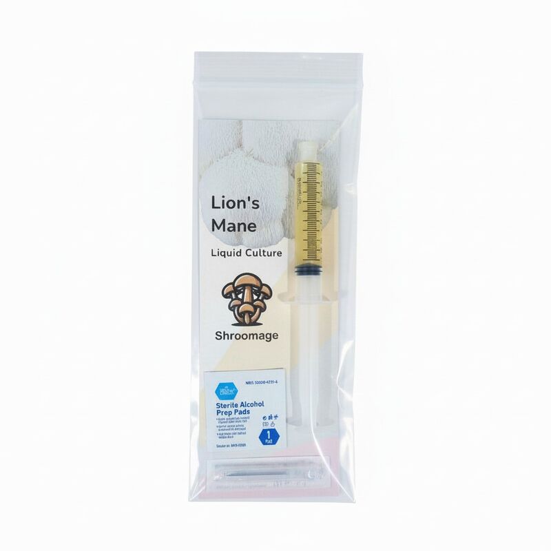 10ml Lion's Mane liquid culture syringe with sterile 18g needle and alcohol prep pad from Shroomage.
