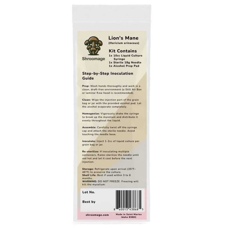 Back label of Shroomage Lion's Mane liquid culture showing step-by-step inoculation instructions, made in Saint Maries, Idaho.
