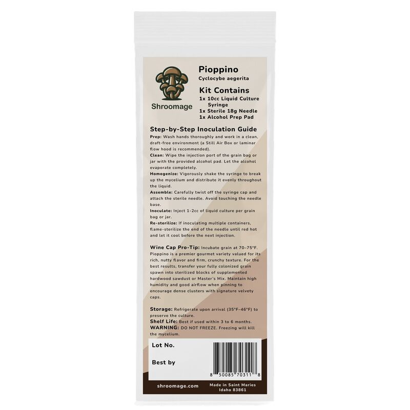 The back panel of the pioppino mushroom kit, displaying instructions and bar code.