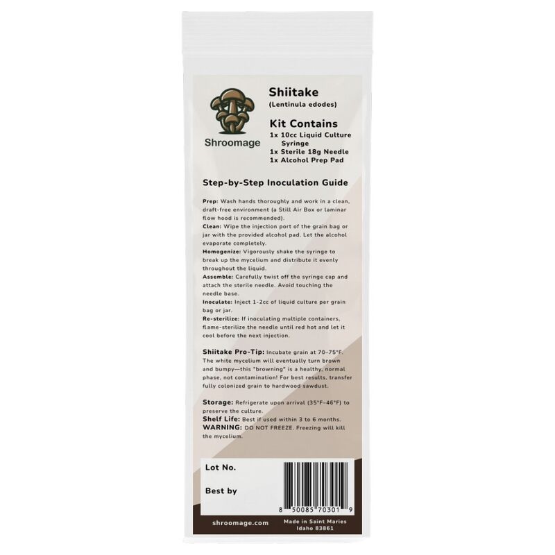 The back panel of the packaging for the Shiitake liquid culture syringe, detailing the 10ml volume, storage requirements (refrigerate, do not freeze), and step-by-step inoculation instructions.