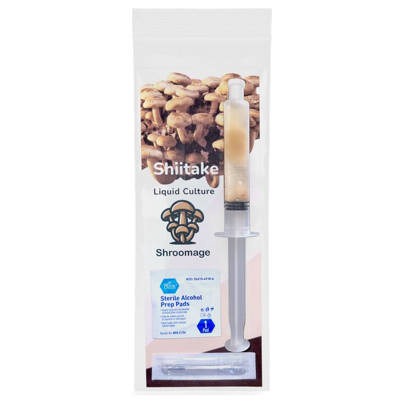 A complete Shiitake liquid culture kit featuring a 10ml sterile syringe loaded with mycelium, an instruction booklet, and an alcohol wipe, neatly presented in branded packaging.