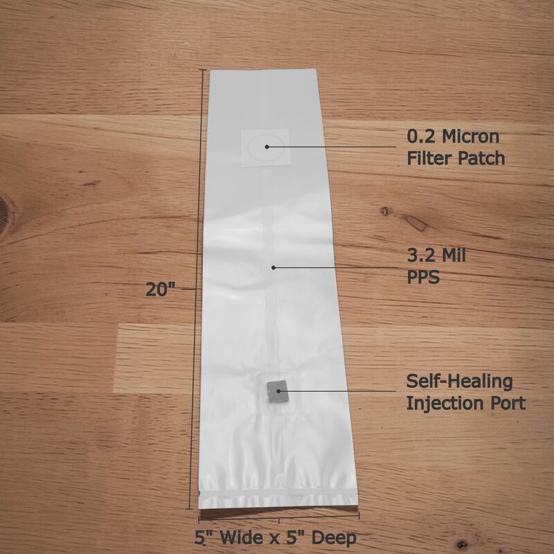 Large 5x20 inch autoclavable spawn bag filled with sterilized grain, showing high capacity for bulk mushroom substrate production. 