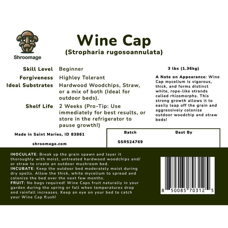 The back panel on the packages of the wine cap mushroom spawn. 
