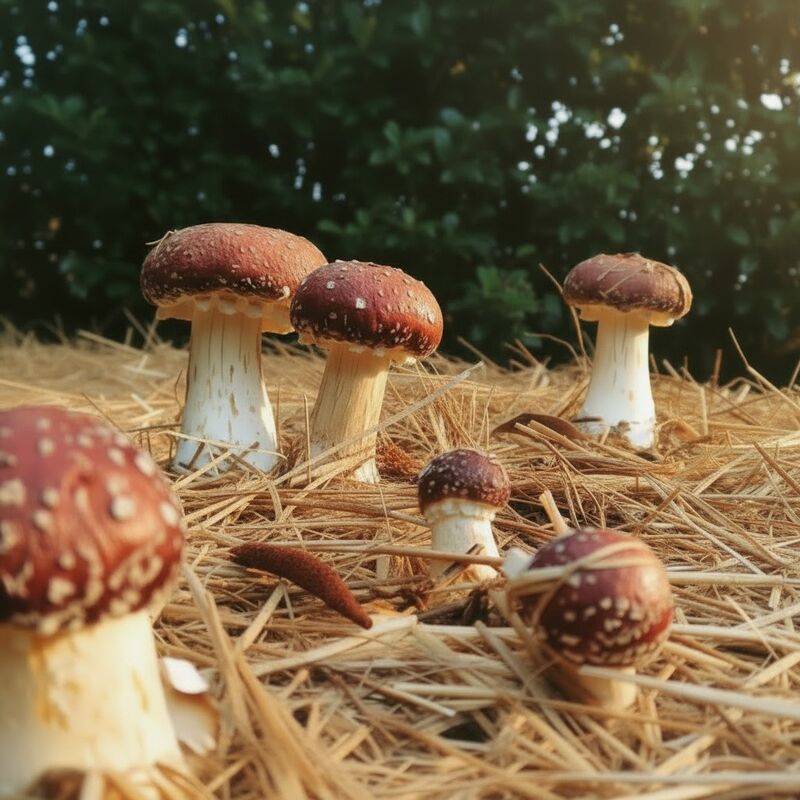Wine cap mushrooms growing in a field demonstrating the possibilities with the product. 