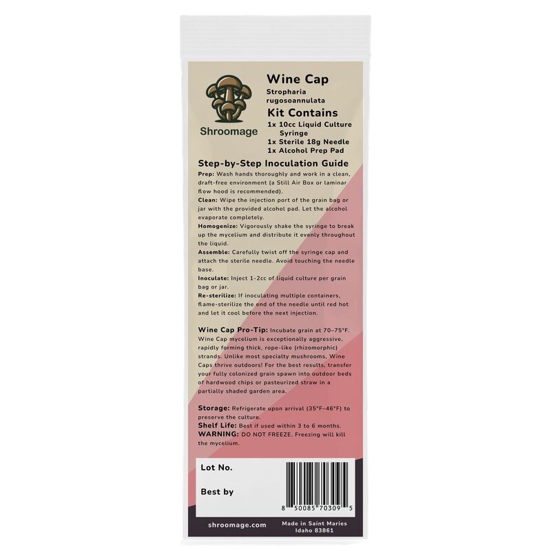 The wine cap mushroom liquid culture back panel with detailed information about the product, including the bar code and upc. 