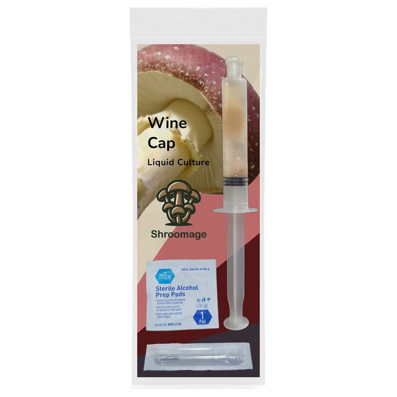 The whole product in its original packaging of the liquid culture for wine cap mushrooms. 